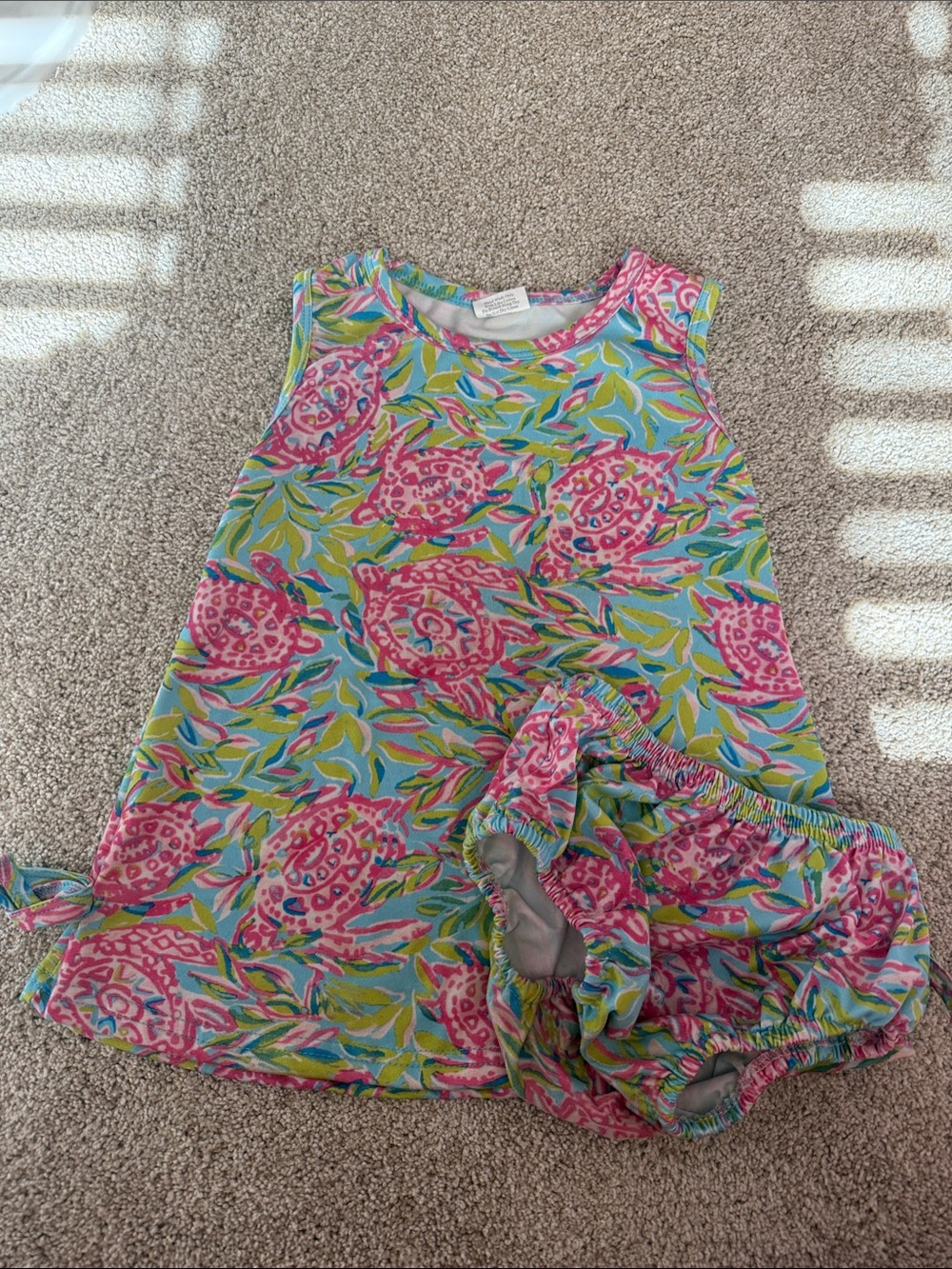 Sleeveless Pink & Blue Floral A-Line Dress with Matching Bloomers